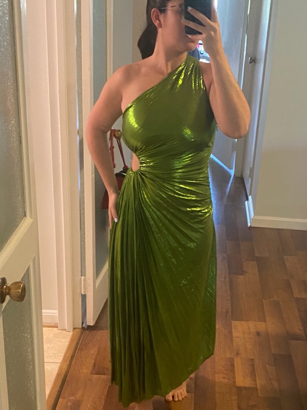AKIRA Shimmer One-Shoulder Emerald Green Evening Gown